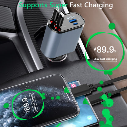 120W 4-in-1 Fast Charging Car Charger Adapter - Universal Car Charging Cable with 4 Ports for iPhone 15/14/13/12/11, Galaxy, Pixel and All iOS Android Devices - Safe, Reliable, and Compact Car Plug with Overheat Protection