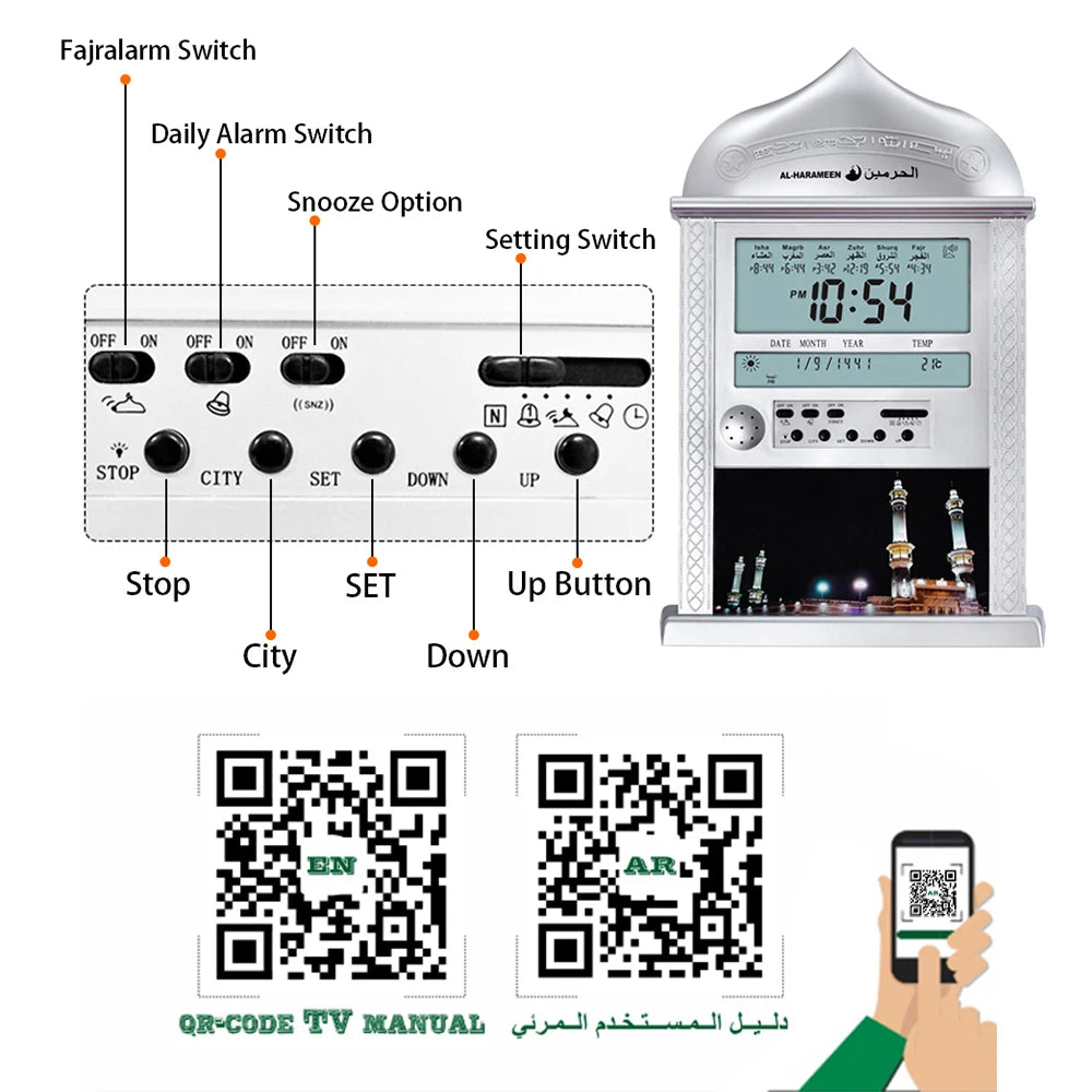 Azan Mosque Prayer Clock Islamic Mosque Calendar Muslim Prayer Wall Clock Digital Alarm Clock Ramadan Gift Table Home Decoration