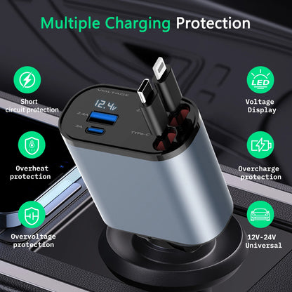 120W 4-in-1 Fast Charging Car Charger Adapter - Universal Car Charging Cable with 4 Ports for iPhone 15/14/13/12/11, Galaxy, Pixel and All iOS Android Devices - Safe, Reliable, and Compact Car Plug with Overheat Protection